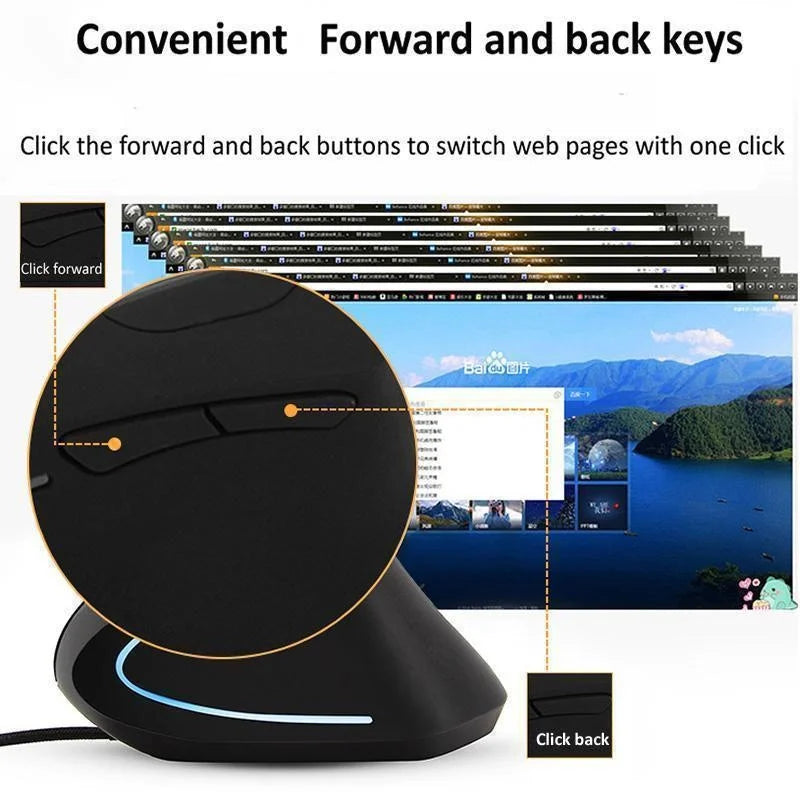 Mouse com Fio Vertical RGB 3200DPI Ergonômico para Mão Direita e Escritório
