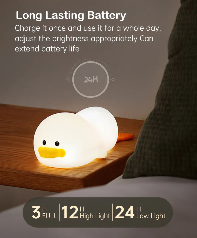 Lâmpada Doudou Duck de Silicone Luz Suave Sensor de Palmas Recarga USB