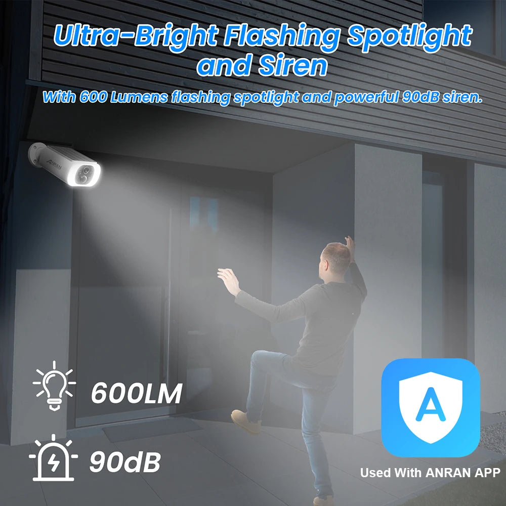 Câmera Externa WiFi 2.4G ANRAN com Energia Solar e Bateria Visão Colorida Noturna e Gravação em Nuvem