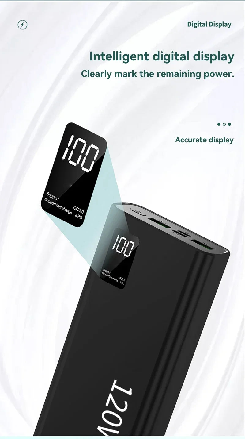 Power Bank 80000mAh 120W Super Rápido com Tela Digital Carregador Portátil para iPhone e Xiaomi