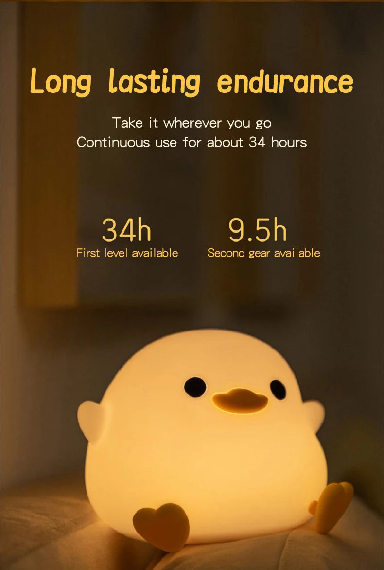 Lâmpada Doudou Duck de Silicone Luz Suave Sensor de Palmas Recarga USB