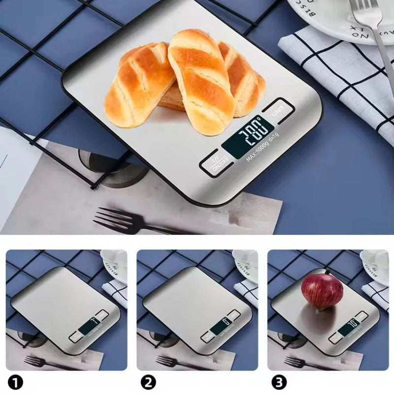 Balança de Cozinha Digital 5kg 1g com Visor LED e Painel de Aço Inoxidável