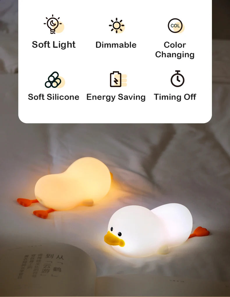 Lâmpada Doudou Duck de Silicone Luz Suave Sensor de Palmas Recarga USB
