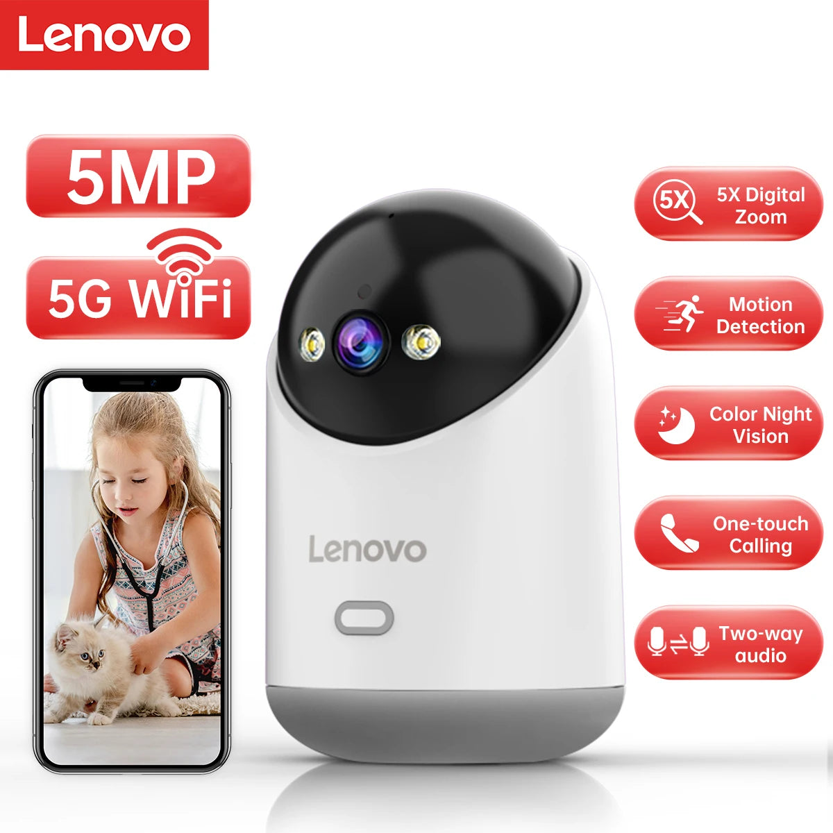 Câmera WiFi Lenovo 5MP Vigilância Interna com Rastreamento Automático e Visão Remota