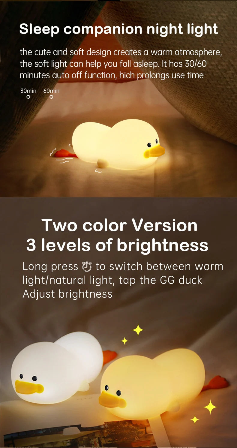 Lâmpada Doudou Duck de Silicone Luz Suave Sensor de Palmas Recarga USB