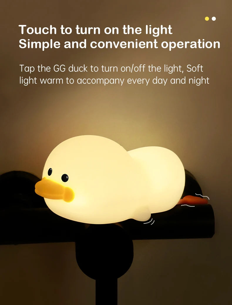 Lâmpada Doudou Duck de Silicone Luz Suave Sensor de Palmas Recarga USB