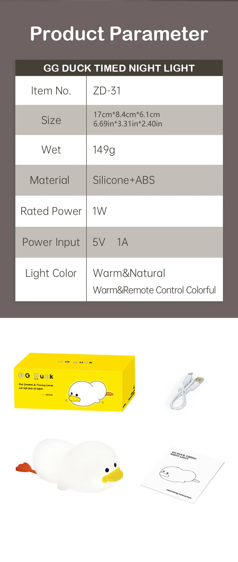 Lâmpada Doudou Duck de Silicone Luz Suave Sensor de Palmas Recarga USB