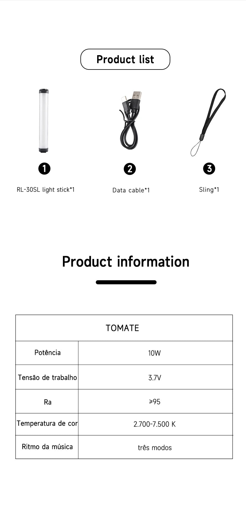 Bastão LED Recarregável 30cm MIAOTU RGB com Temperatura de Cor Ajustável para Estúdio e Gravações