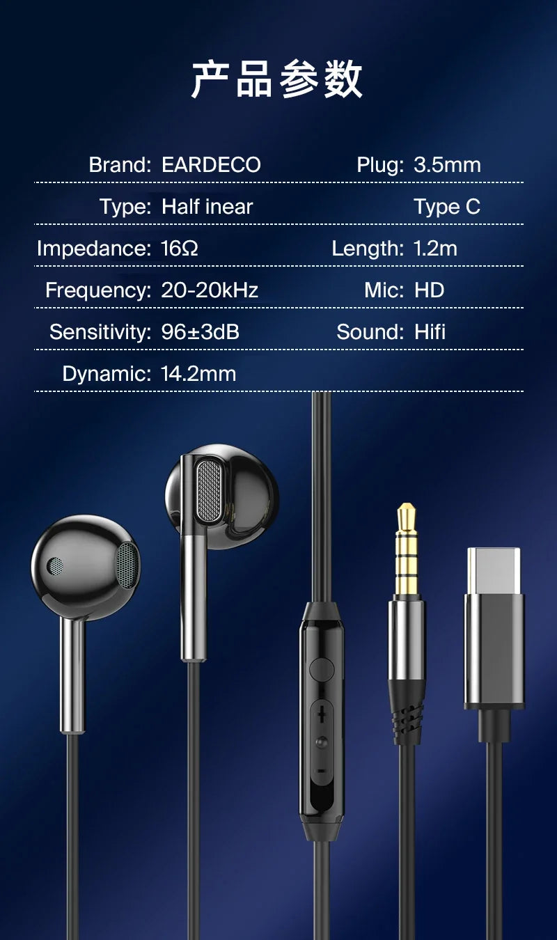 Fone de Ouvido com Fio EARDECO Hifi de Graves e Microfone Cancelamento de Ruído