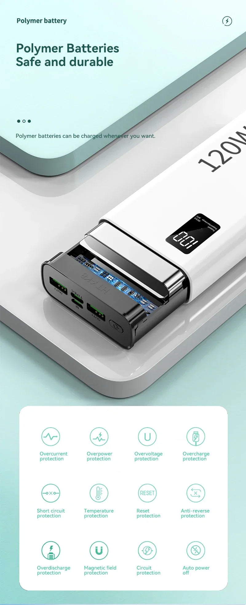 Power Bank 80000mAh 120W Super Rápido com Tela Digital Carregador Portátil para iPhone e Xiaomi