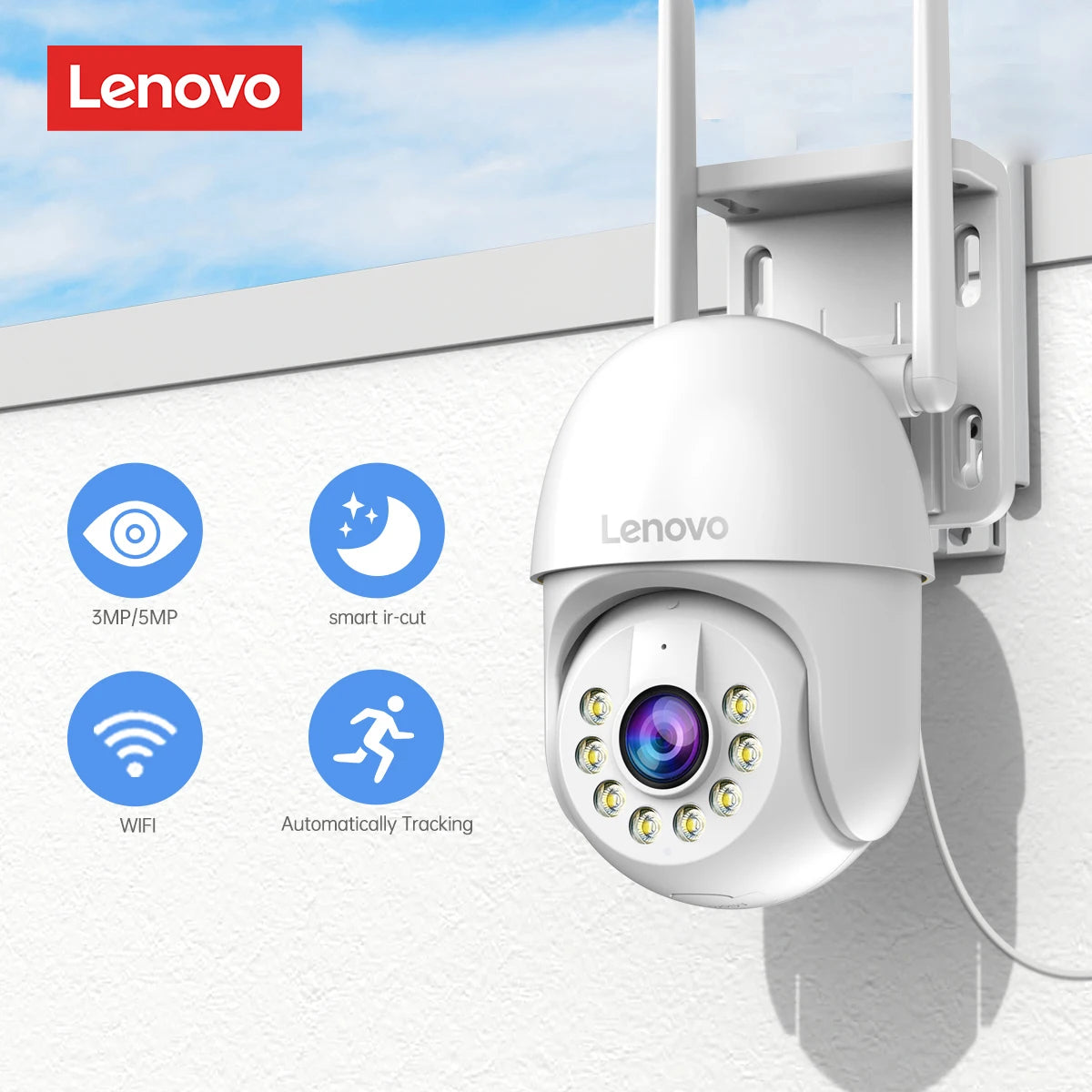 Lenovo Câmera IP PTZ 5MP com Zoom Digital 5x e Vigilância WiFi para Áreas Externas
