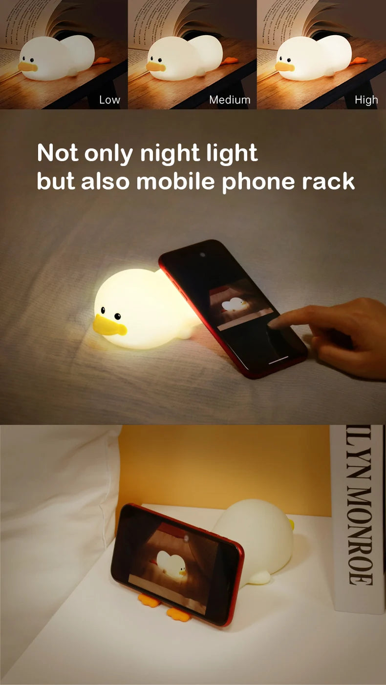 Lâmpada Doudou Duck de Silicone Luz Suave Sensor de Palmas Recarga USB