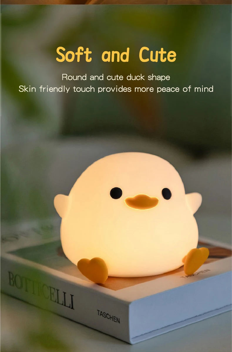 Lâmpada Doudou Duck de Silicone Luz Suave Sensor de Palmas Recarga USB