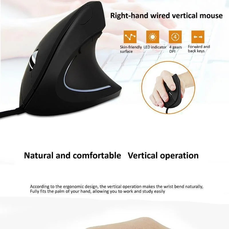 Mouse com Fio Vertical RGB 3200DPI Ergonômico para Mão Direita e Escritório
