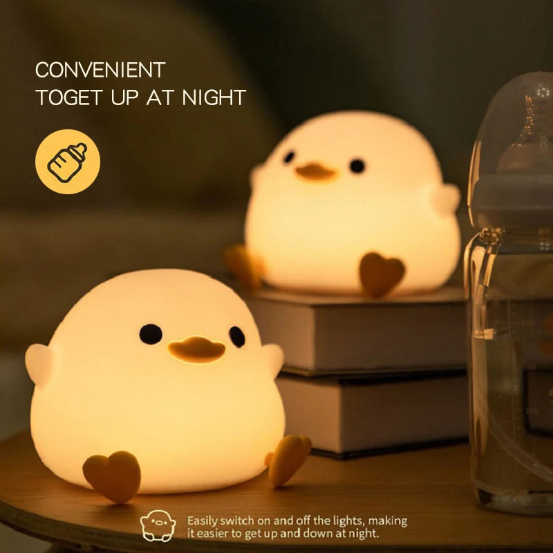 Lâmpada Doudou Duck de Silicone Luz Suave Sensor de Palmas Recarga USB