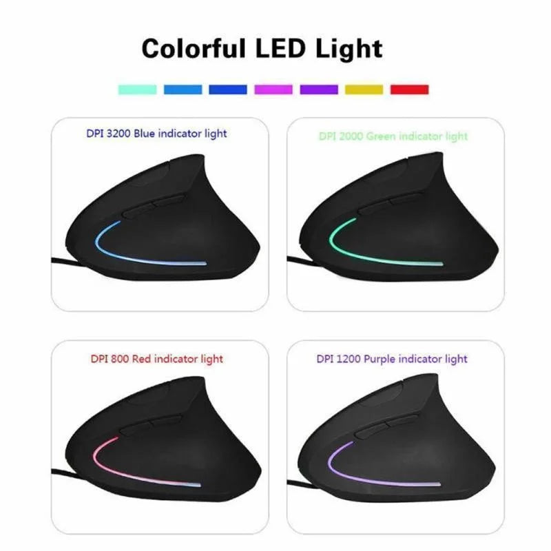 Mouse com Fio Vertical RGB 3200DPI Ergonômico para Mão Direita e Escritório