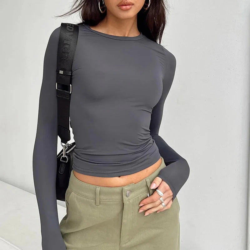 Camiseta Feminina Casual Manga Longa Slim Fit Primavera Outono Streetwear