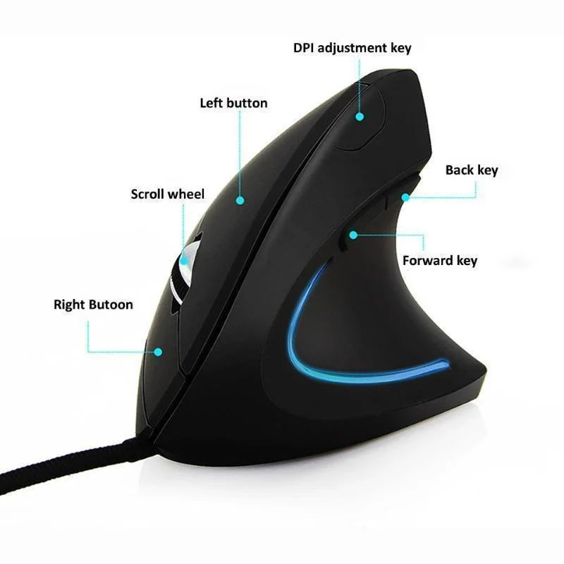 Mouse com Fio Vertical RGB 3200DPI Ergonômico para Mão Direita e Escritório