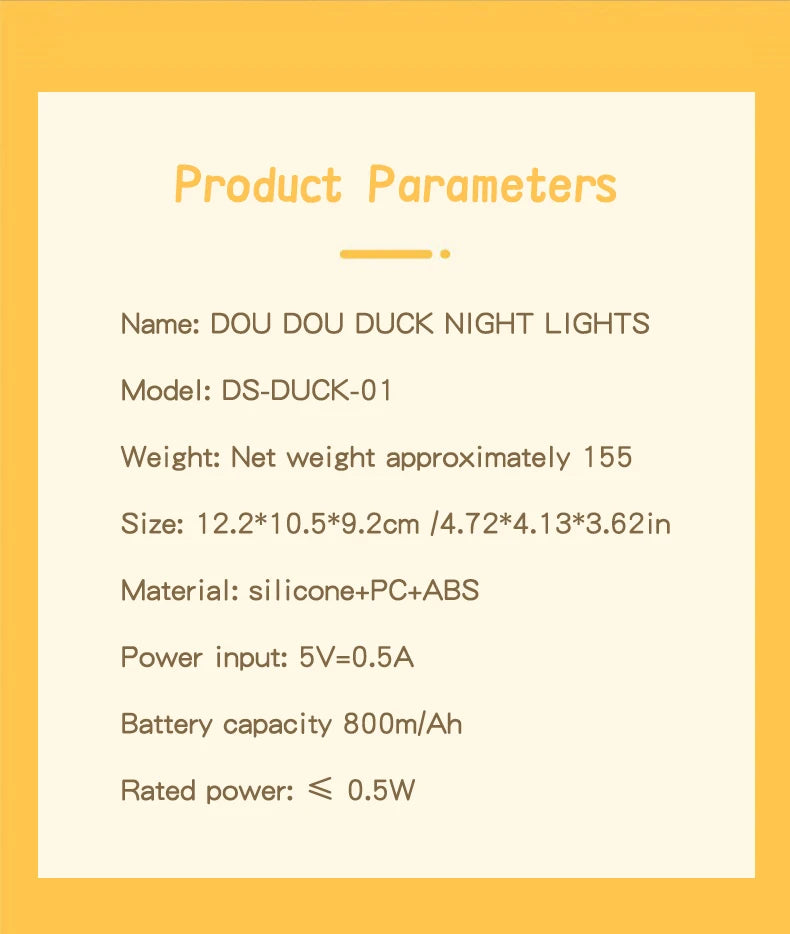 Lâmpada Doudou Duck de Silicone Luz Suave Sensor de Palmas Recarga USB