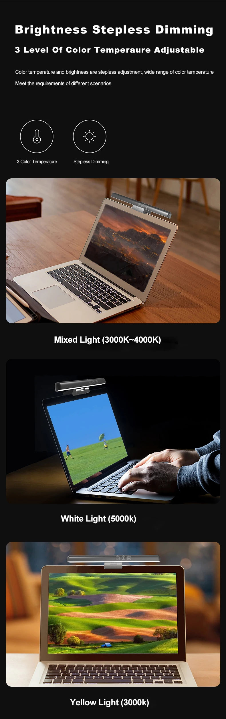 Iluminação LED para Monitor com Barra Suspensa, Controle de Brilho e Proteção Ocular para Trabalho e Leitura