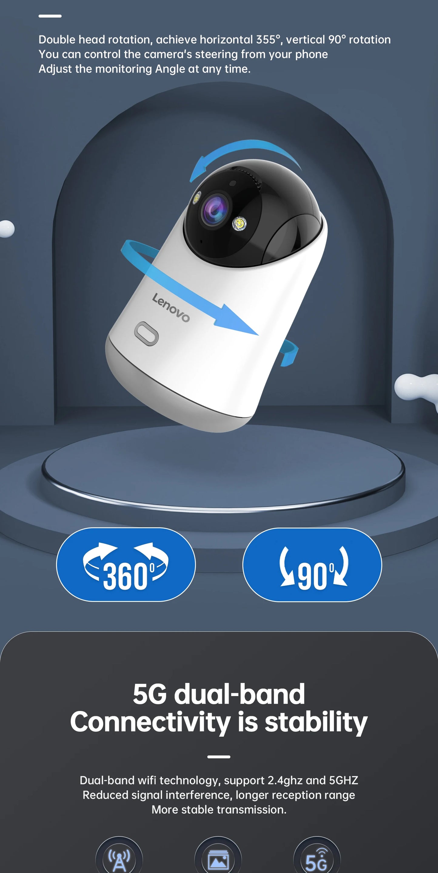 Câmera WiFi Lenovo 5MP Vigilância Interna com Rastreamento Automático e Visão Remota