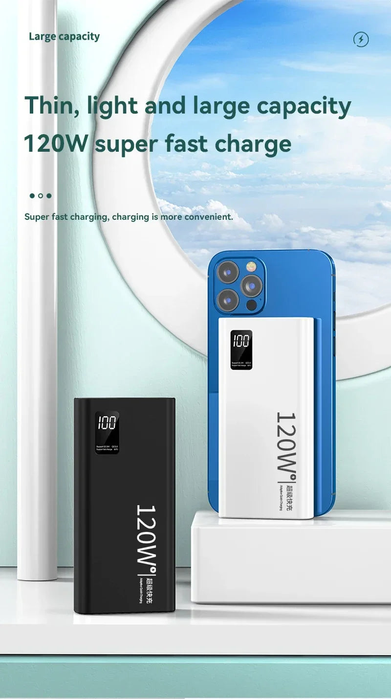 Power Bank 80000mAh 120W Super Rápido com Tela Digital Carregador Portátil para iPhone e Xiaomi