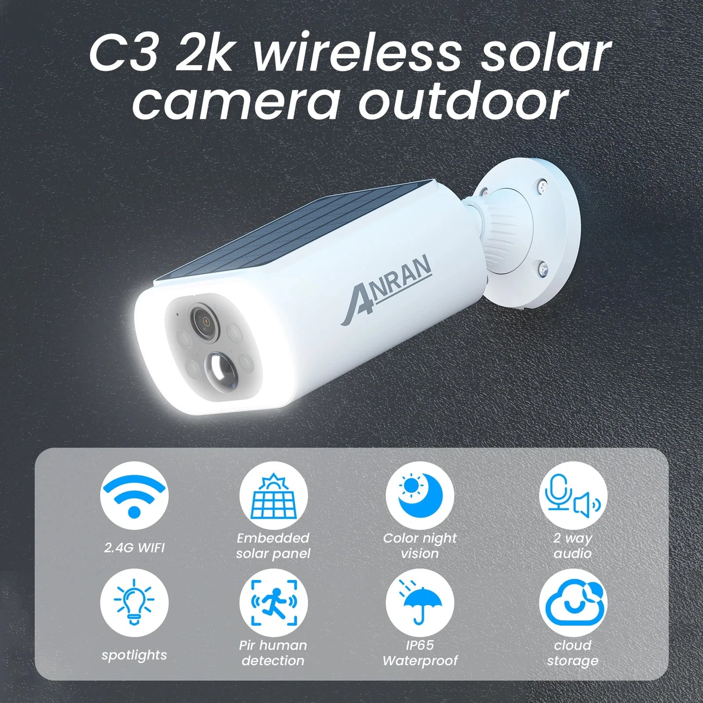 Câmera Externa WiFi 2.4G ANRAN com Energia Solar e Bateria Visão Colorida Noturna e Gravação em Nuvem