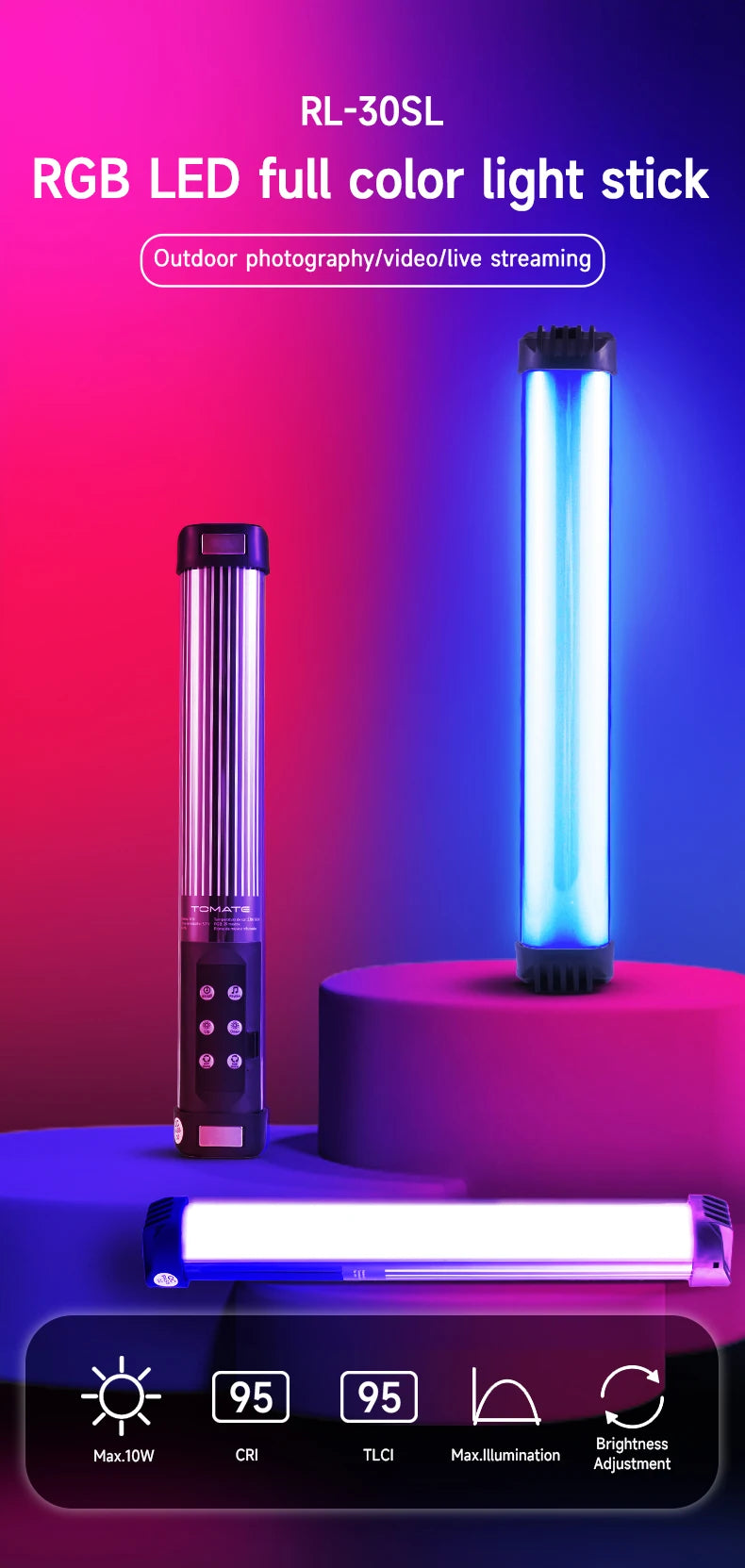 Bastão LED Recarregável 30cm MIAOTU RGB com Temperatura de Cor Ajustável para Estúdio e Gravações