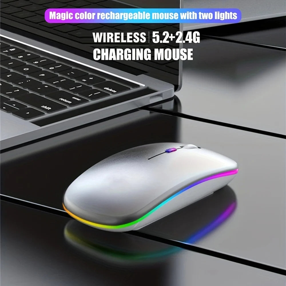 Mouse Compacto Bluetooth e 2.4G RGB Recarregável Silencioso para iPad TV e Portátil