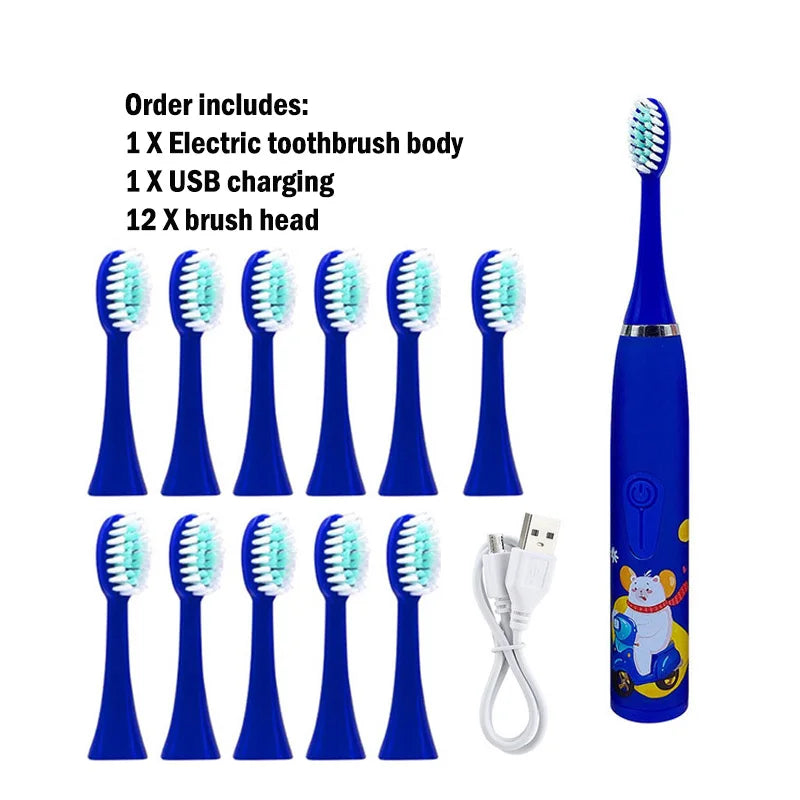 Escova de dentes elétrica infantil com cabeça de substituição, ultrassônica, à prova d'água, recarregável e super divertida.