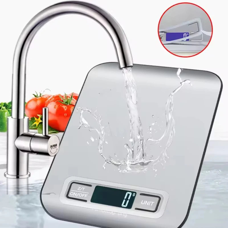 Balança de Cozinha Digital 5kg 1g com Visor LED e Painel de Aço Inoxidável