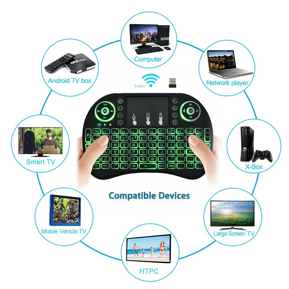 Teclado I8 Sem Fio com Touchpad Retroiluminado Bluetooth 2.4G Para TV Box e PC