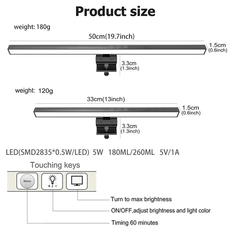 Iluminação LED para Monitor com Barra Suspensa, Controle de Brilho e Proteção Ocular para Trabalho e Leitura