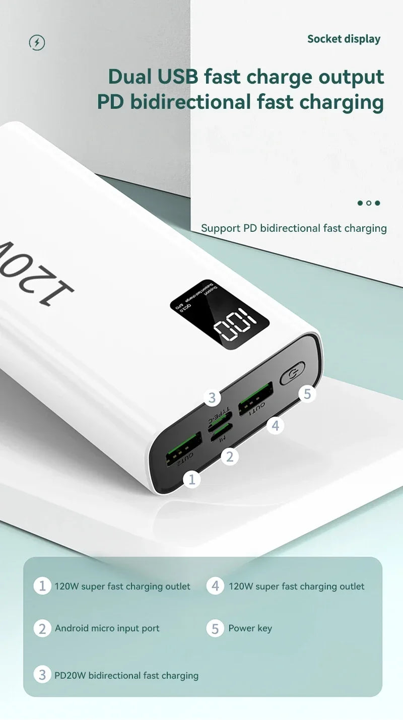 Power Bank 80000mAh 120W Super Rápido com Tela Digital Carregador Portátil para iPhone e Xiaomi