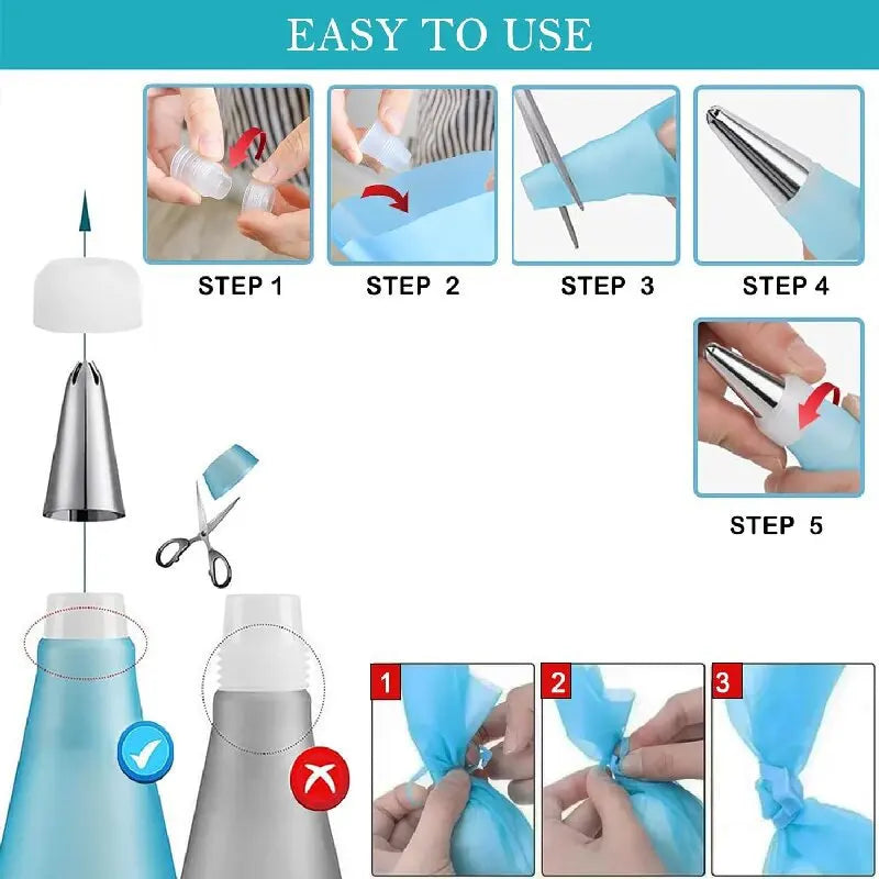 Conjunto de sacos e bicos de confeitar em silicone reaproveitável. Kit de decoração para iniciantes e profissionais.