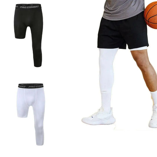 Calça Legging de Compressão Masculina com Uma Perna Só, em Poliéster, para Treinamento Esportivo. Uso como Camada Base para Atividades Físicas.