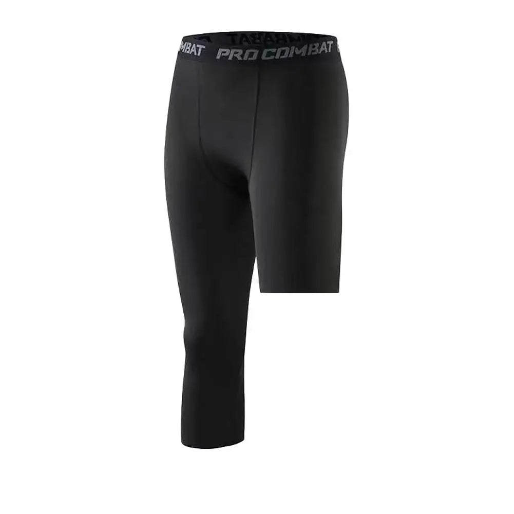 Calça Legging de Compressão Masculina com Uma Perna Só, em Poliéster, para Treinamento Esportivo. Uso como Camada Base para Atividades Físicas.