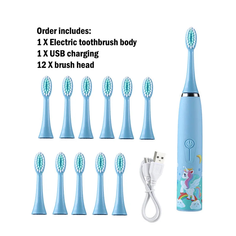 Escova de dentes elétrica infantil com cabeça de substituição, ultrassônica, à prova d'água, recarregável e super divertida.
