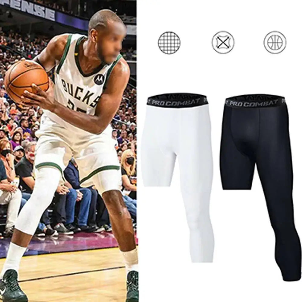 Calça Legging de Compressão Masculina com Uma Perna Só, em Poliéster, para Treinamento Esportivo. Uso como Camada Base para Atividades Físicas.