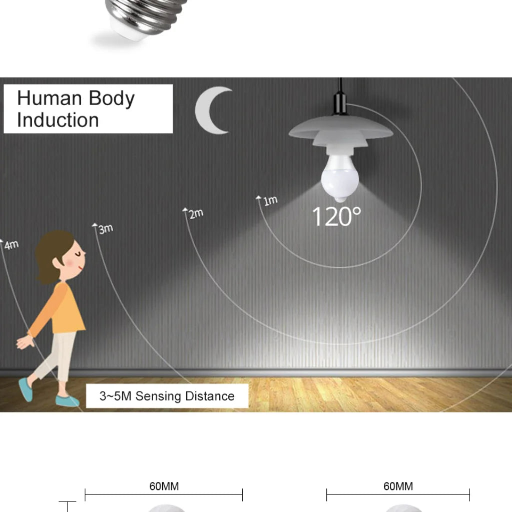 Lâmpada LED E27 com Sensor PIR 9W 12W 18W 20W Iluminação Automática para Estacionamento, varanda e outros ambientes.