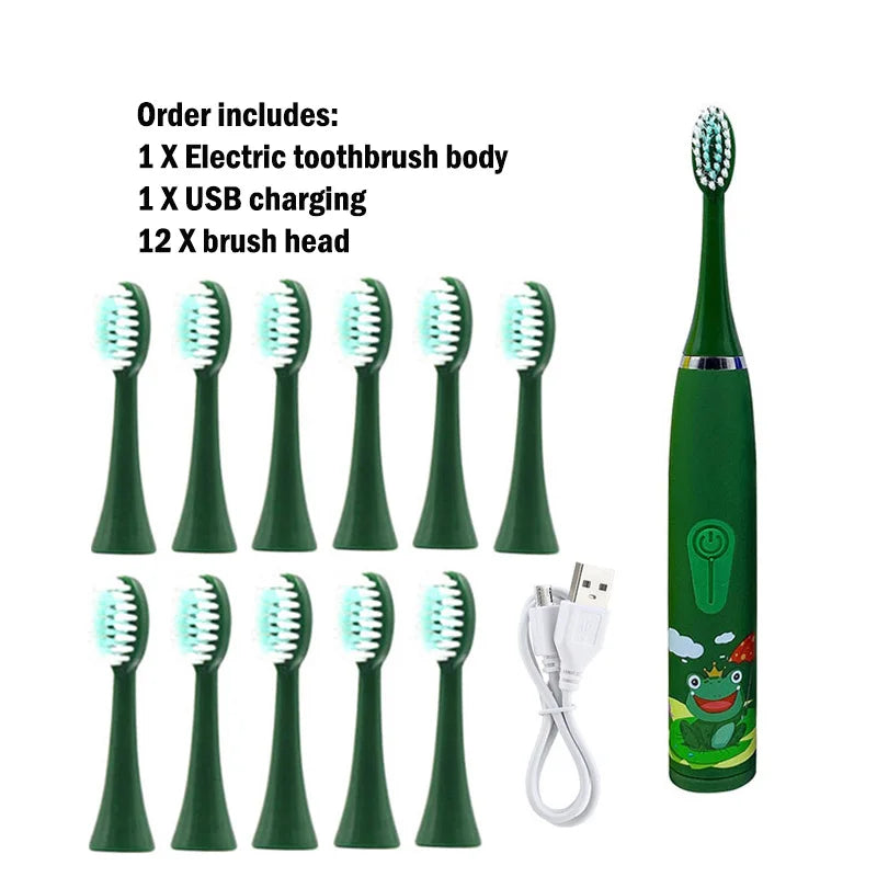 Escova de dentes elétrica infantil com cabeça de substituição, ultrassônica, à prova d'água, recarregável e super divertida.