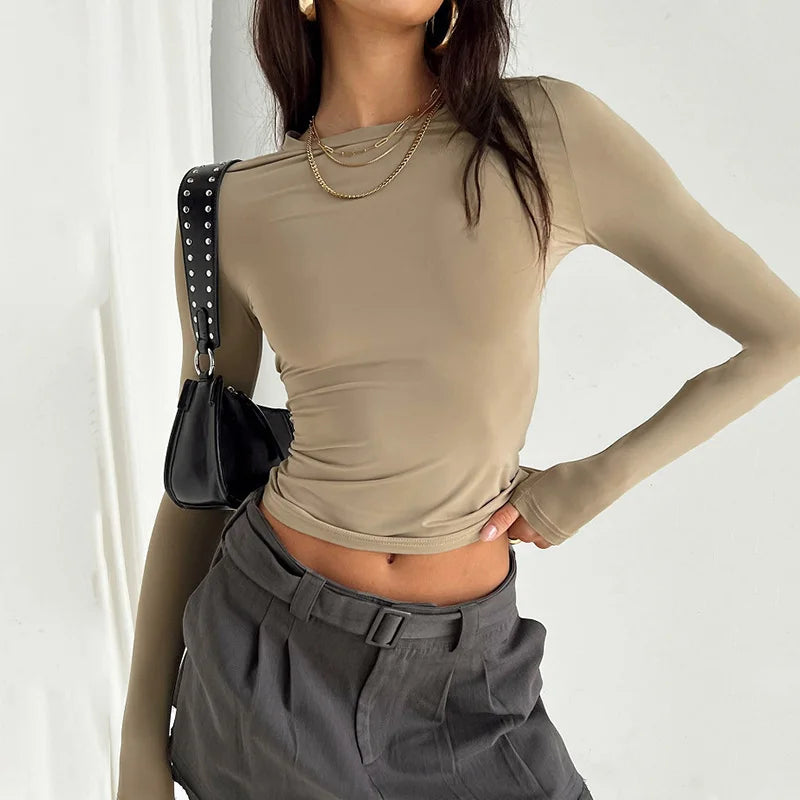 Camiseta Feminina Casual Manga Longa Slim Fit Primavera Outono Streetwear