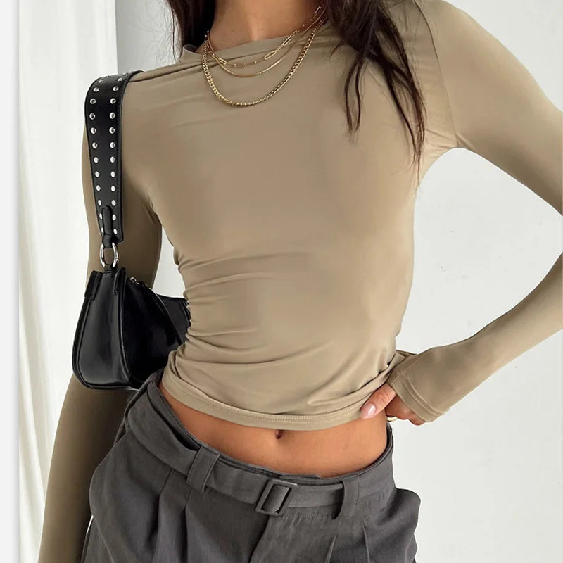 Camiseta Feminina Casual Manga Longa Slim Fit Primavera Outono Streetwear