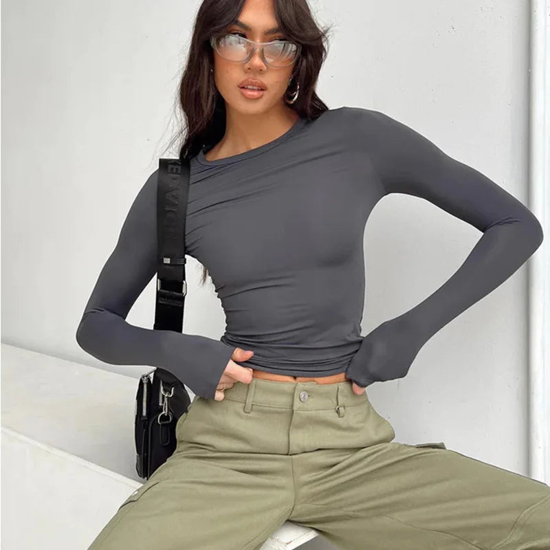 Camiseta Feminina Casual Manga Longa Slim Fit Primavera Outono Streetwear
