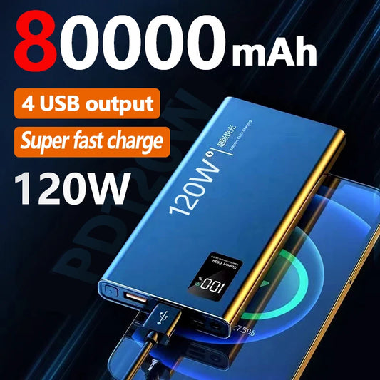 Power Bank 80000mAh 120W Super Rápido com Tela Digital Carregador Portátil para iPhone e Xiaomi