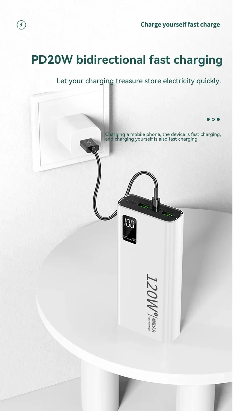 Power Bank 80000mAh 120W Super Rápido com Tela Digital Carregador Portátil para iPhone e Xiaomi