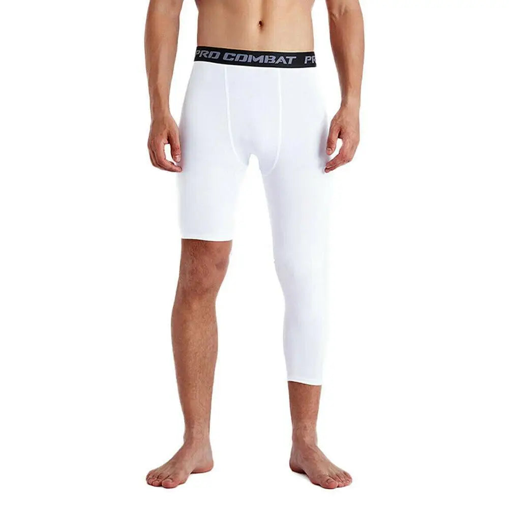 Calça Legging de Compressão Masculina com Uma Perna Só, em Poliéster, para Treinamento Esportivo. Uso como Camada Base para Atividades Físicas.