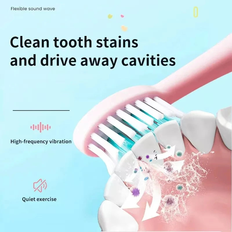 Escova de dentes elétrica infantil com cabeça de substituição, ultrassônica, à prova d'água, recarregável e super divertida.