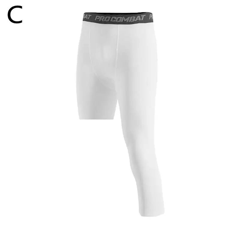 Calça Legging de Compressão Masculina com Uma Perna Só, em Poliéster, para Treinamento Esportivo. Uso como Camada Base para Atividades Físicas.