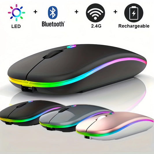 Mouse Compacto Bluetooth e 2.4G RGB Recarregável Silencioso para iPad TV e Portátil